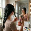 Mujer aplicando laca de color negro en una trenza frente al espejo para un look de fiesta o evento.
