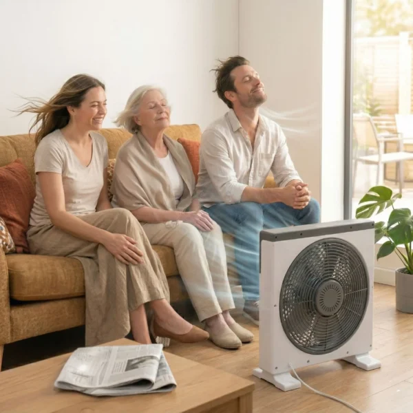 Familia disfrutando del flujo de aire fresco de un ventilador potente en el sofá de su casa.