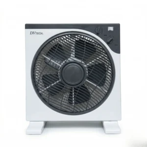 Ventilador de piso DVTech de diseño cuadrado color blanco con rejilla de seguridad y 3 velocidades.