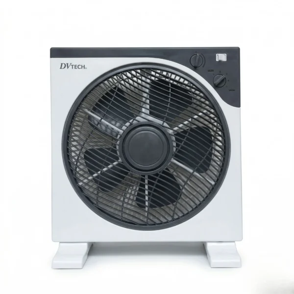 Ventilador de piso DVTech de diseño cuadrado color blanco con rejilla de seguridad y 3 velocidades.
