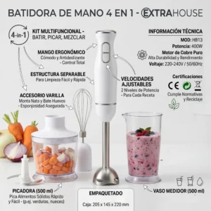 Kit de accesorios para batidora: varilla para montar nata y recipiente picador de 500ml con cuchillas de acero.