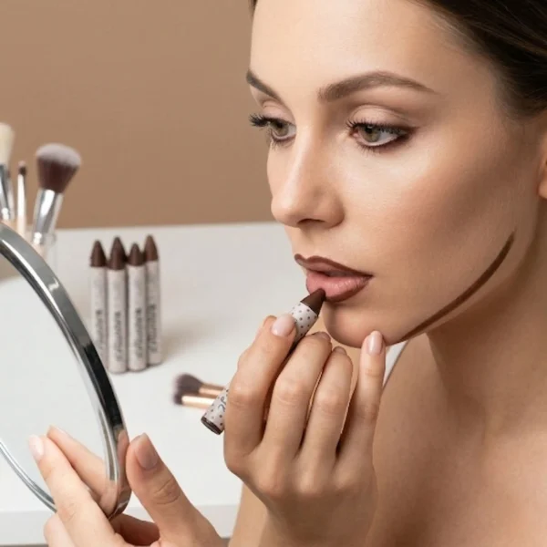 Modelo femenina aplicando barra de maquillaje marrón para definir el contorno de labios y demostrando la suavidad del trazo en el rostro.