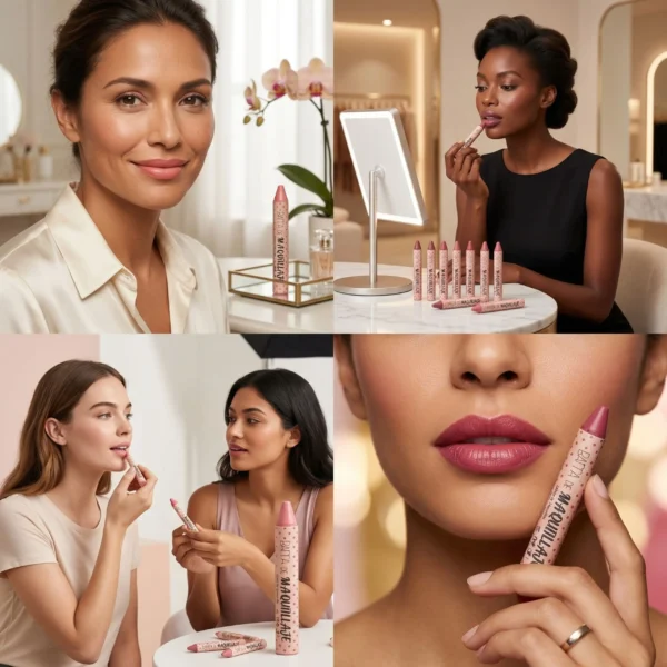 Collage que muestra la aplicación de la barra de maquillaje en labios, mejillas y ojos para lograr un acabado natural y profesional.