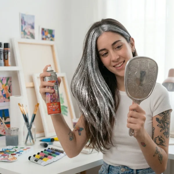 Mujer aplicando spray de color plata en cabello largo frente a un espejo para un look de fiesta o festival.