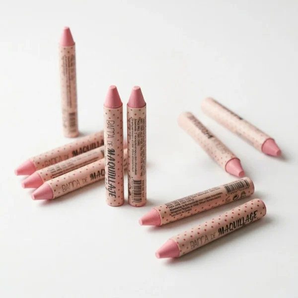 Varias unidades de barra de maquillaje multifuncional en tono rosa suave sobre fondo blanco, ideal para labios, ojos y mejillas.