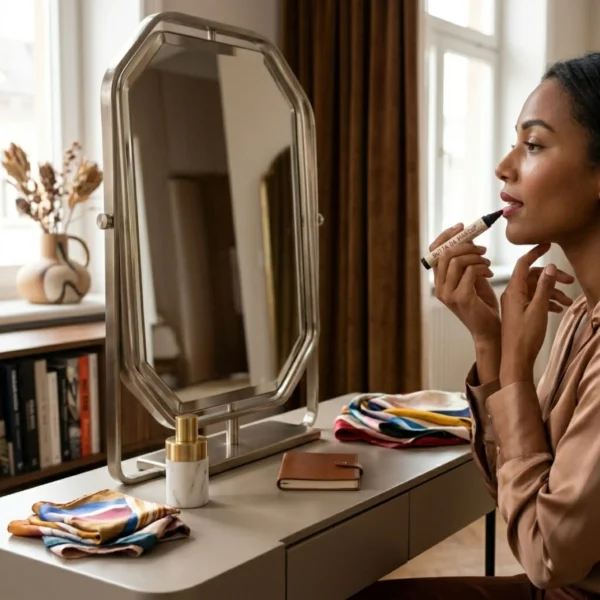 Primer plano de mujer aplicando el crayón de maquillaje negro en los labios, destacando el trazo preciso y la pigmentación intensa del producto.