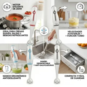 Composición mostrando la batidora siendo lavada bajo el grifo y guardada en un cajón pequeño de cocina.