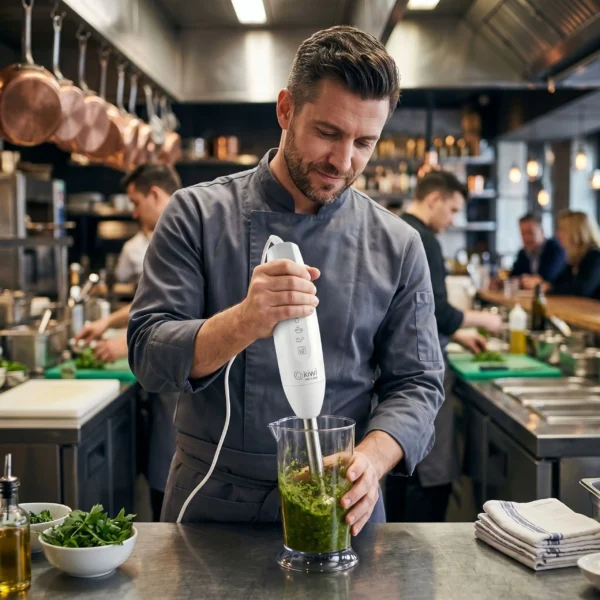 Chef profesional en cocina de restaurante usando la batidora Kiwi para preparar una salsa verde en un vaso mezclador.