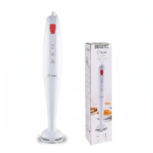 Batidora de mano blanca marca Kiwi de 200W junto a su caja original, destacando su diseño compacto y ligero para cocina.