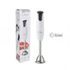 Batidora de mano Kiwi 500W de acero inoxidable junto a su caja de empaque, destacando su diseño ergonómico y potencia.