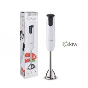 Batidora de mano Kiwi 500W de acero inoxidable junto a su caja de empaque, destacando su diseño ergonómico y potencia.