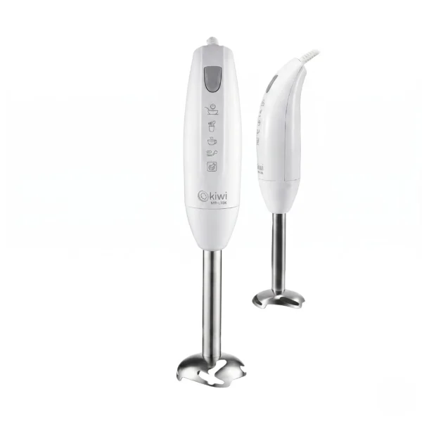 Vista frontal y lateral de la batidora de mano Kiwi con pie de acero inoxidable y cuerpo blanco sobre fondo blanco.