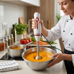 Chef utilizando batidora de mano para triturar una crema de verduras naranja en un bol de acero inoxidable.