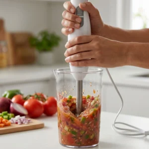 Minipimer de acero inoxidable batiendo una salsa de tomate fresca en recipiente transparente.
