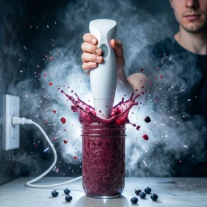 Batidora de mano HB02 triturando arándanos y frutos rojos en un vaso, demostrando su potencia para batidos y smoothies caseros.