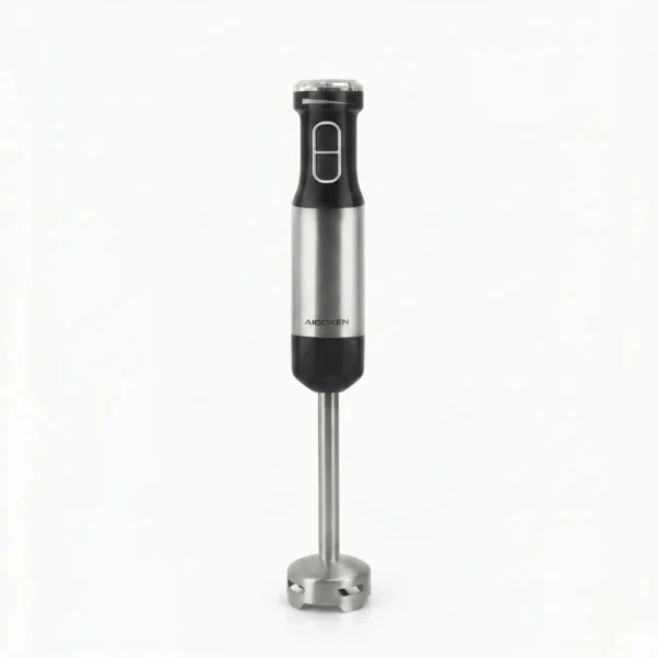 Batidora de mano profesional de 800W en acero inoxidable con diseño ergonómico y acabados premium sobre fondo blanco.