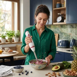 Mujer preparando un smoothie de frutos rojos y espinacas con una batidora de mano ergonómica en una cocina moderna.