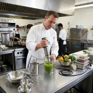 Chef profesional utilizando la batidora de inmersión de 1000W para preparar salsas y purés en una cocina industrial.