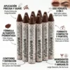 Infografía detallada de la barra de maquillaje marrón mostrando su fórmula altamente pigmentada, uso versátil 2 en 1 e ingredientes naturales.