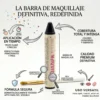 Infografía en español detallando los beneficios de la barra de maquillaje: fórmula segura para piel sensible, cobertura total y uso versátil en ojos y labios.