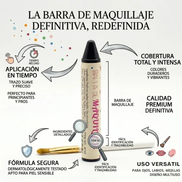 Infografía en español detallando los beneficios de la barra de maquillaje: fórmula segura para piel sensible, cobertura total y uso versátil en ojos y labios.