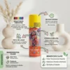 Infografía de spray para teñir el pelo temporalmente con aloe vera y pantenol, destacando secado rápido y fórmula segura para el cuero cabelludo.