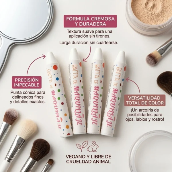 Infografía de barras de maquillaje blanco destacando su fórmula cremosa, versatilidad total de color y certificación de producto vegano y libre de crueldad.