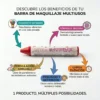 Infografía de maquillaje en barra destacando pigmento intenso, larga duración, fórmula segura, precisión y certificación cruelty free.