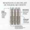 Infografía detallando beneficios del maquillaje en barra: resistente al agua, 12 horas de duración y textura difuminable para ojos ahumados.