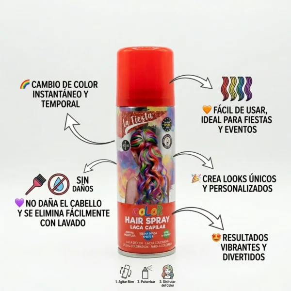 Infografía de laca de color para el pelo mostrando que es fácil de usar, no daña el cabello y se elimina con un lavado.