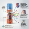 Infografía que muestra cómo se aplica el spray de color, su fijación flexible de larga duración y su fácil eliminación con un simple lavado.