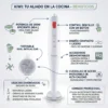 Infografía en español de la batidora Kiwi 200W mostrando cuchillas de acero inoxidable, accesorios desmontables y usos para mayonesa y smoothies.