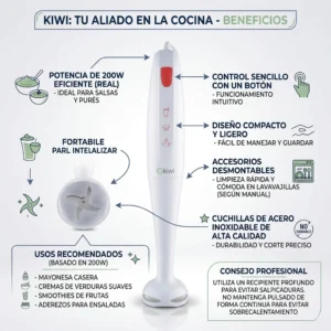 Infografía en español de la batidora Kiwi 200W mostrando cuchillas de acero inoxidable, accesorios desmontables y usos para mayonesa y smoothies.