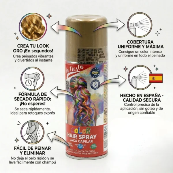 Infografía detallada del spray de color oro: secado rápido, cobertura máxima, fácil de peinar y fabricado en España.
