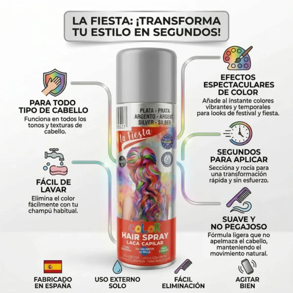 Infografía de laca de colores para el pelo: fácil de lavar, para todo tipo de cabello, sin amoníaco y de secado rápido.