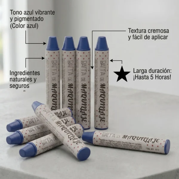 Infografía de barra de maquillaje azul destacando textura cremosa, ingredientes naturales y duración de hasta 5 horas.