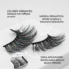 Infografía de pestañas postizas dramáticas destacando colores vibrantes, banda suave para fácil aplicación y volumen instantáneo con reflejos arcoíris.