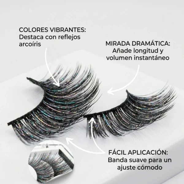 Infografía de pestañas postizas dramáticas destacando colores vibrantes, banda suave para fácil aplicación y volumen instantáneo con reflejos arcoíris.