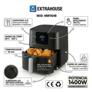 Infografía de la freidora Extrahouse detallando potencia de 1400W, panel táctil, rango de temperatura de 200 grados y canasta desmontable.