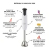 Infografía detallada de la batidora de mano Kiwi mostrando botones turbo, eje de acero inoxidable y cuchillas de alta eficiencia para purés.