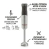 Infografía de batidora de mano mostrando motor de 1000W, 2 velocidades de precisión y cuchillas para triturar ingredientes duros.