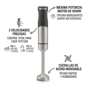 Infografía de batidora de mano mostrando motor de 1000W, 2 velocidades de precisión y cuchillas para triturar ingredientes duros.