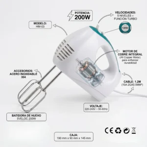Infografía de batidora de mano con motor de cobre integral, 5 velocidades, función turbo y varillas de acero inoxidable 304.