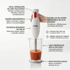 Infografía de batidora Sinbo 350W destacando diseño ergonómico, voltaje 220-240V y base antideslizante para cocina.