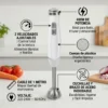 Infografía detallada de batidora de mano con 2 velocidades, cuchillas de acero y potencia de 400W.