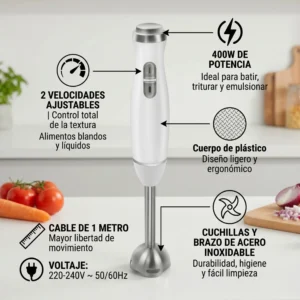 Infografía detallada de batidora de mano con 2 velocidades, cuchillas de acero y potencia de 400W.