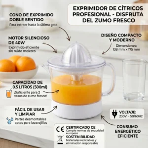 Infografía en español del exprimidor de cítricos destacando su motor silencioso de 40W, doble sentido de giro y piezas aptas para lavavajillas.