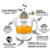 Infografía detallada del exprimidor mostrando motor 100% cobre, rotación bidireccional, sistema antigoteo y doble cono para cítricos.