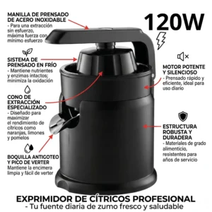 Infografía detallada del exprimidor profesional destacando motor de 120W, sistema de prensado en frío y boquilla antigoteo.