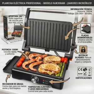 Infografía detallada de la plancha eléctrica profesional mostrando apertura 180 grados, recogedor de grasa y certificación CE.
